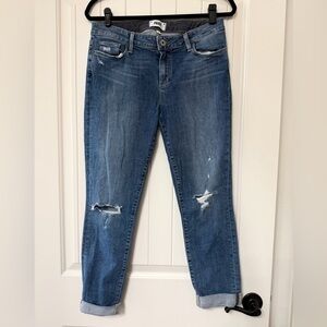 PAIGE Skyline Ankle Peg cuffed destructed jeans. Size, 31